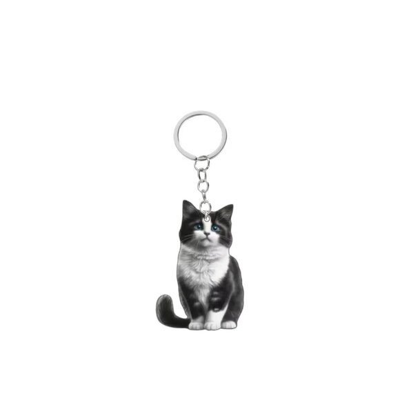 Black and White Cat Keychain with Blue Eyes - Picture 1 of 3